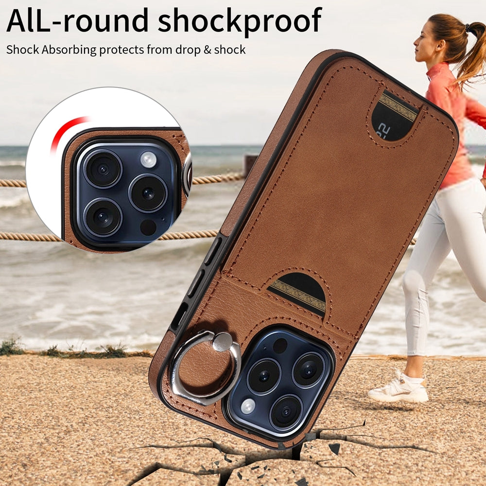 iPhone 15 Pro Calf Texture Phone Case with Card Slot & Ring Holder - Durable & Stylish Protection