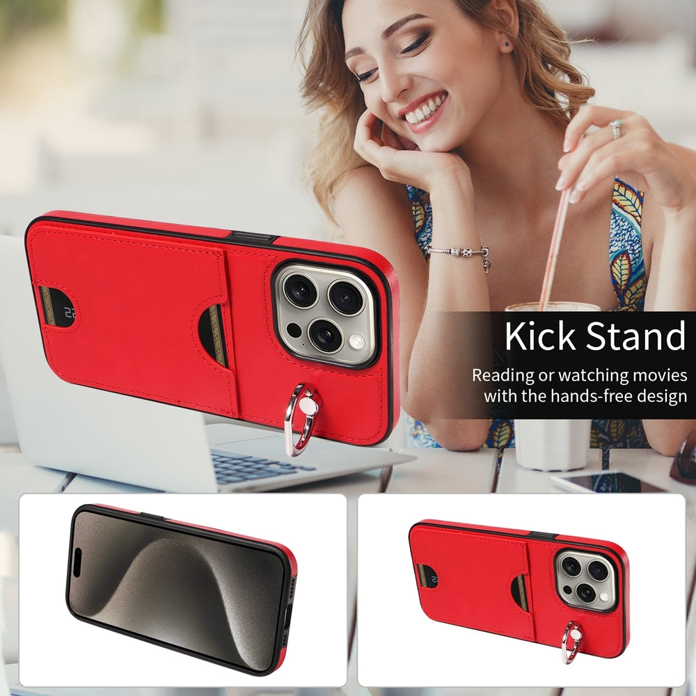 iPhone 15 Pro Max Calf Texture Phone Case with Card Slot & Ring Holder - Durable & Stylish Protection