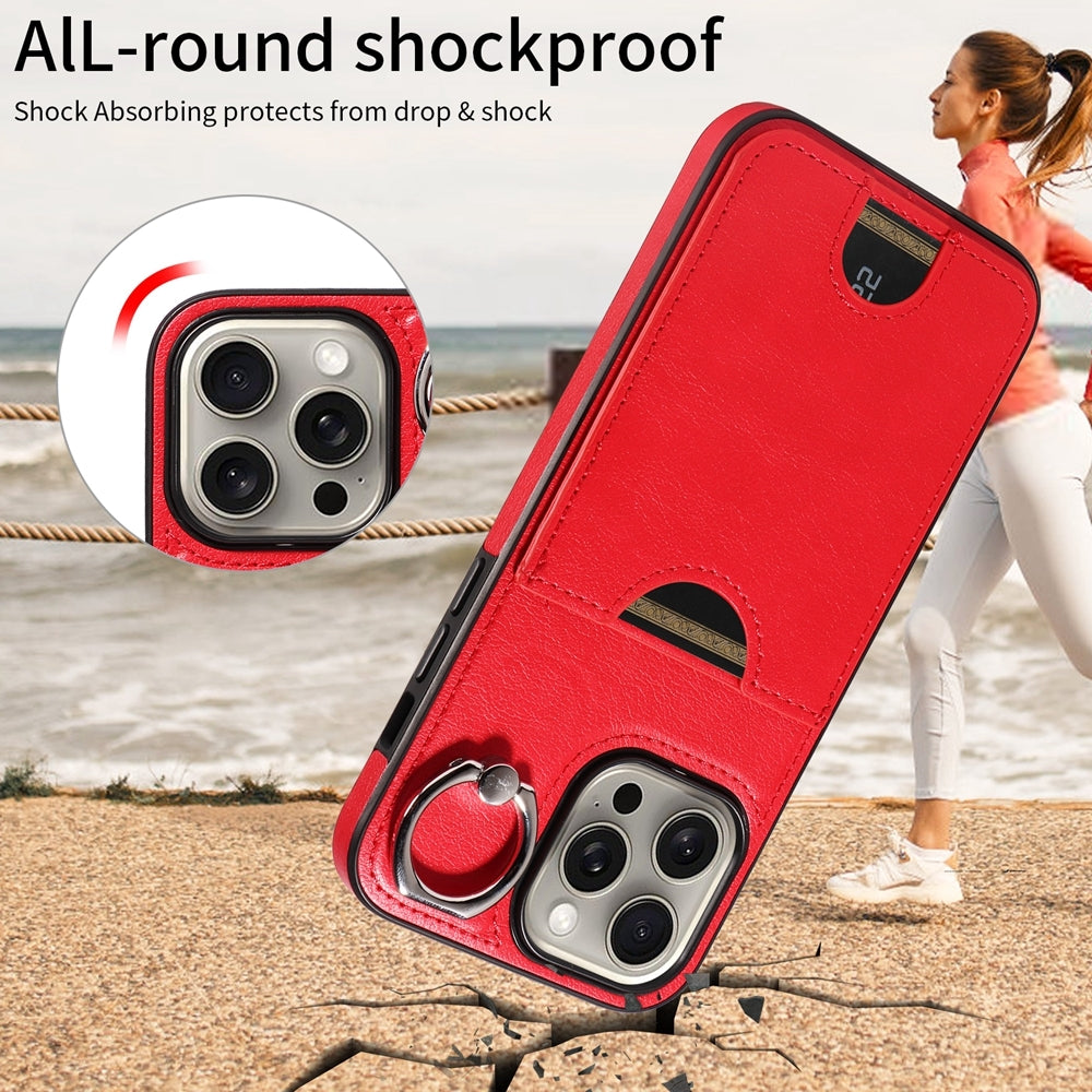 iPhone 15 Pro Max Calf Texture Phone Case with Card Slot & Ring Holder - Durable & Stylish Protection