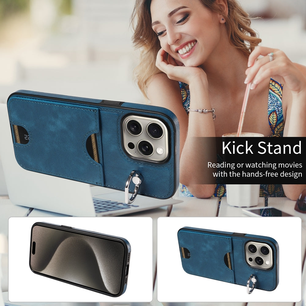 iPhone 15 Pro Max Calf Texture Phone Case with Card Slot & Ring Holder - Durable & Stylish Protection