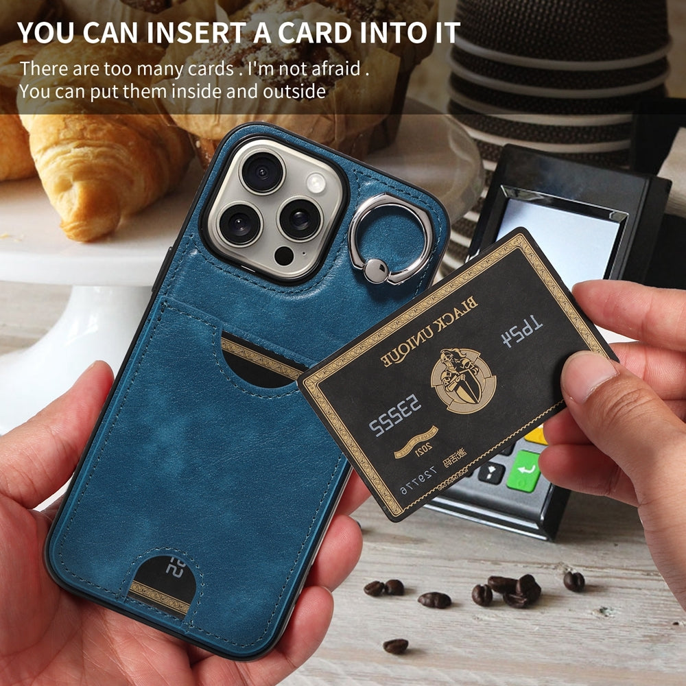iPhone 15 Pro Max Calf Texture Phone Case with Card Slot & Ring Holder - Durable & Stylish Protection