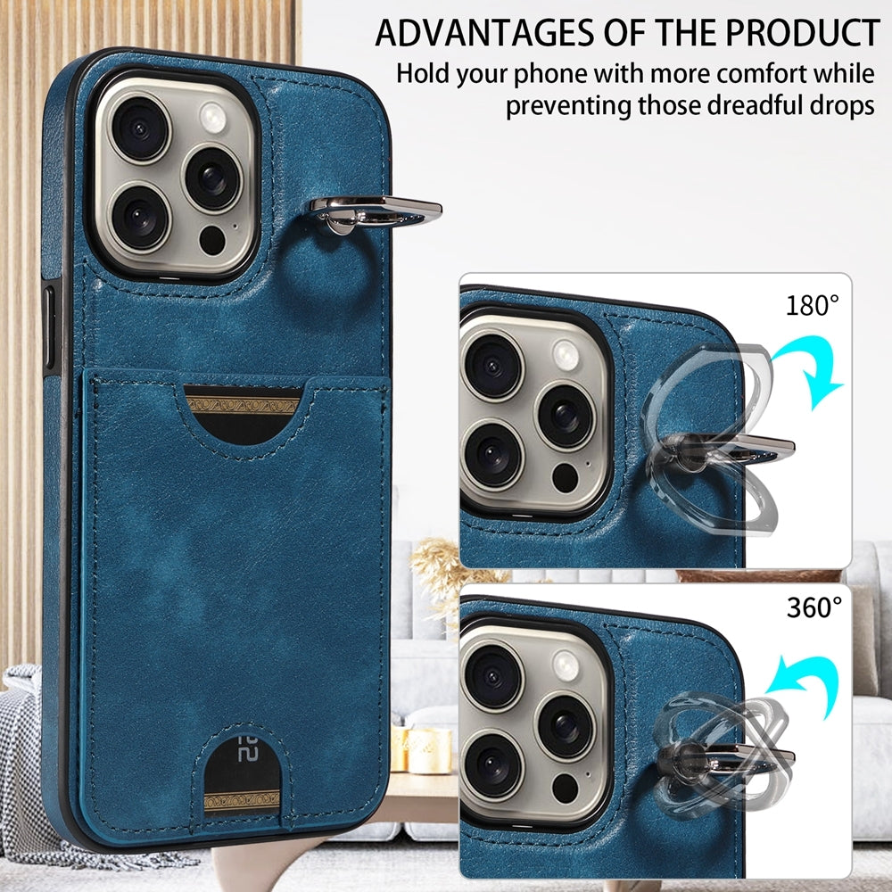 iPhone 15 Pro Max Calf Texture Phone Case with Card Slot & Ring Holder - Durable & Stylish Protection