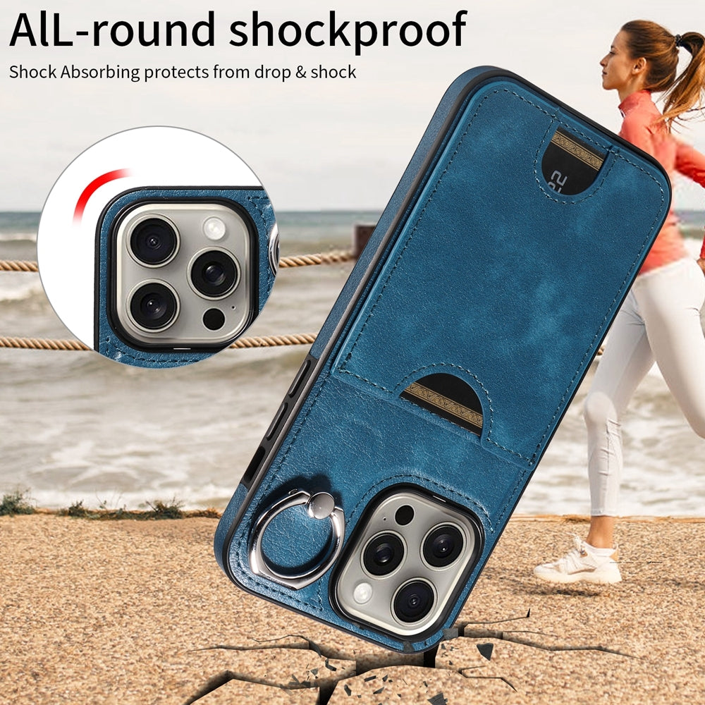 iPhone 15 Pro Max Calf Texture Phone Case with Card Slot & Ring Holder - Durable & Stylish Protection