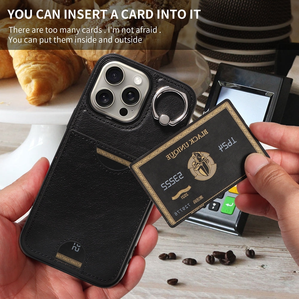 iPhone 15 Pro Max Calf Texture Phone Case with Card Slot & Ring Holder - Durable & Stylish Protection