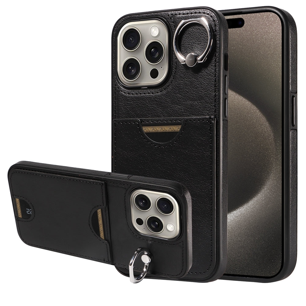 iPhone 15 Pro Max Calf Texture Phone Case with Card Slot & Ring Holder - Durable & Stylish Protection