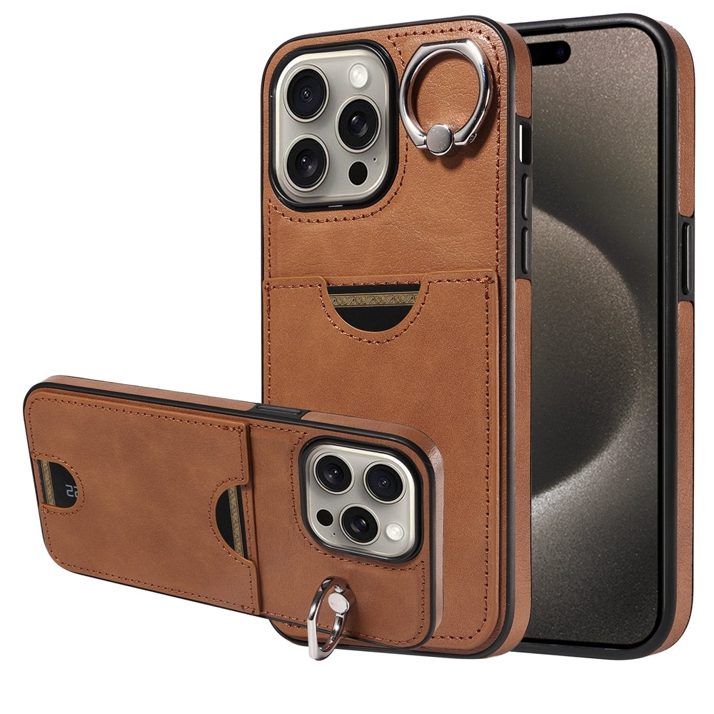 iPhone 15 Pro Max Calf Texture Phone Case with Card Slot & Ring Holder - Durable & Stylish Protection