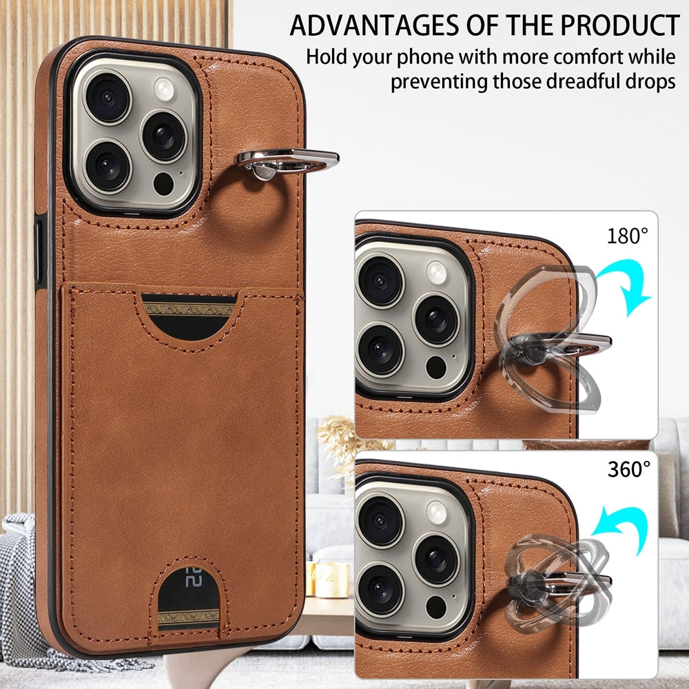 iPhone 15 Pro Max Calf Texture Phone Case with Card Slot & Ring Holder - Durable & Stylish Protection