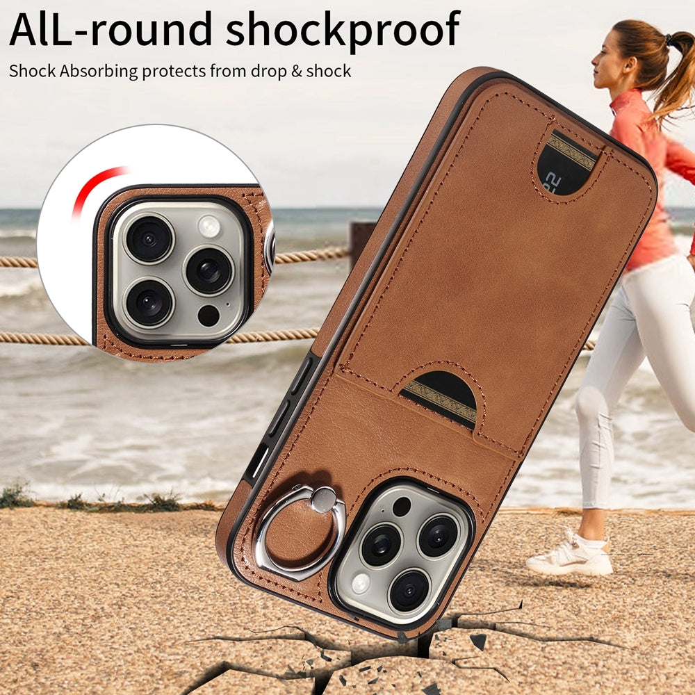 iPhone 15 Pro Max Calf Texture Phone Case with Card Slot & Ring Holder - Durable & Stylish Protection