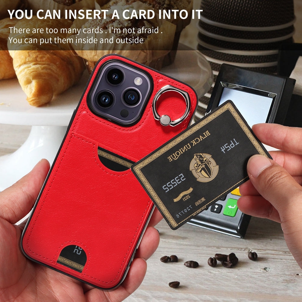 iPhone 14 Pro Calf Texture Phone Case with Card Slot & Ring Holder - Durable & Stylish Protection