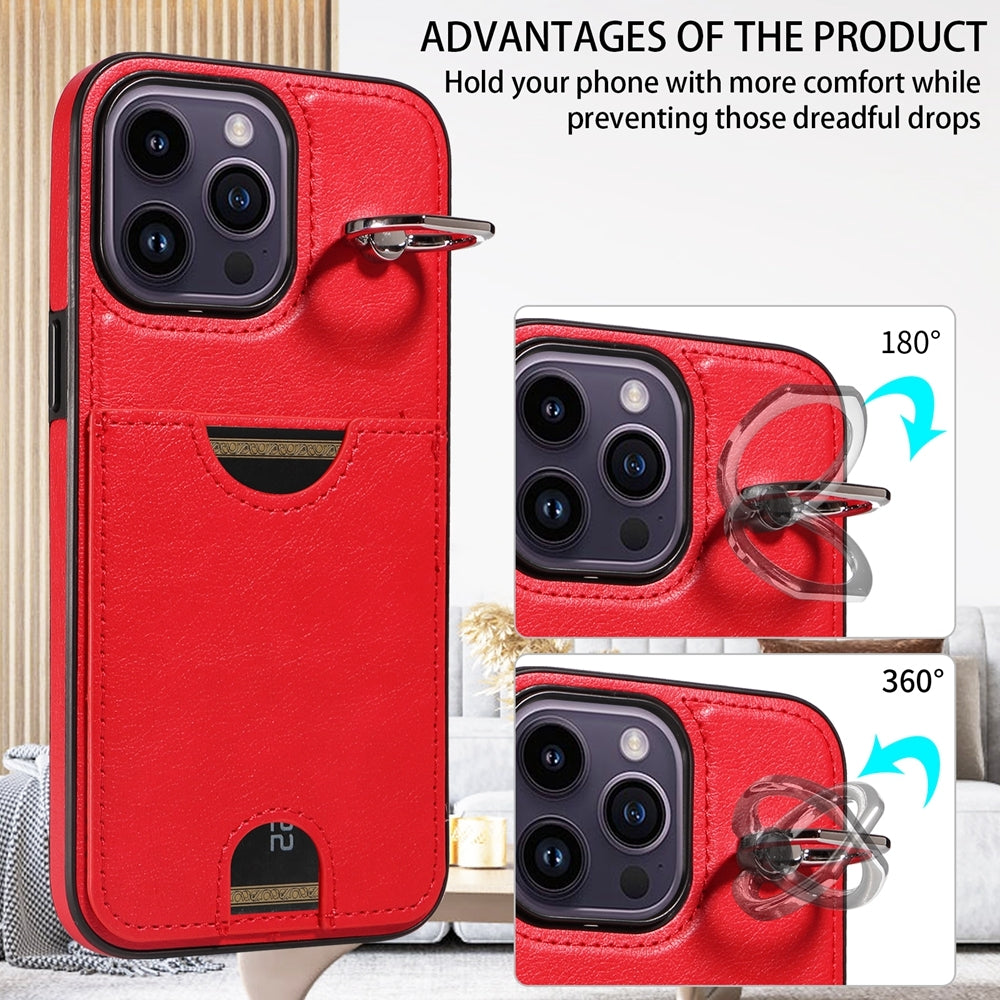 iPhone 14 Pro Calf Texture Phone Case with Card Slot & Ring Holder - Durable & Stylish Protection