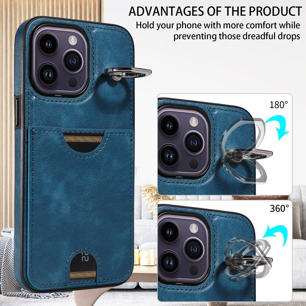 iPhone 14 Pro Calf Texture Phone Case with Card Slot & Ring Holder - Durable & Stylish Protection