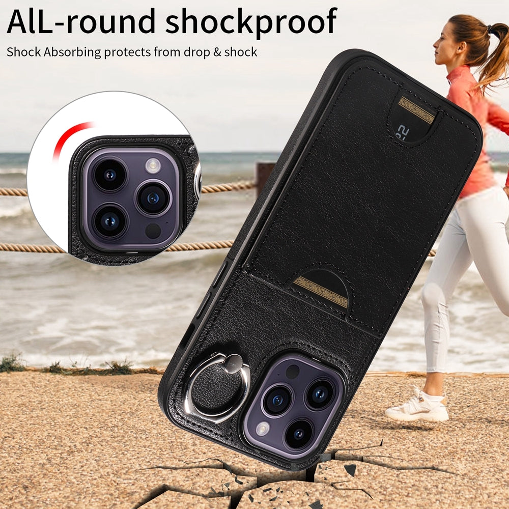 iPhone 14 Pro Calf Texture Phone Case with Card Slot & Ring Holder - Durable & Stylish Protection