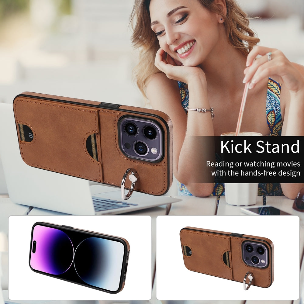 iPhone 14 Pro Calf Texture Phone Case with Card Slot & Ring Holder - Durable & Stylish Protection