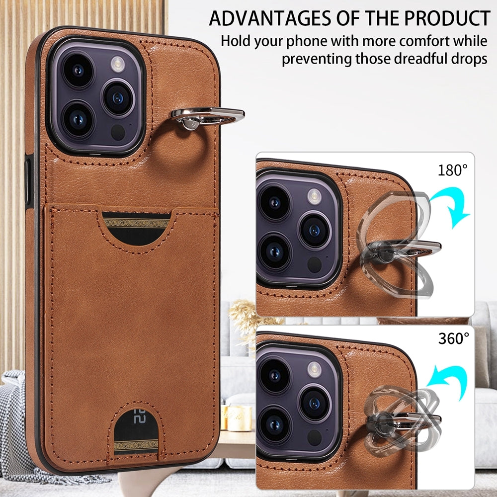 iPhone 14 Pro Calf Texture Phone Case with Card Slot & Ring Holder - Durable & Stylish Protection