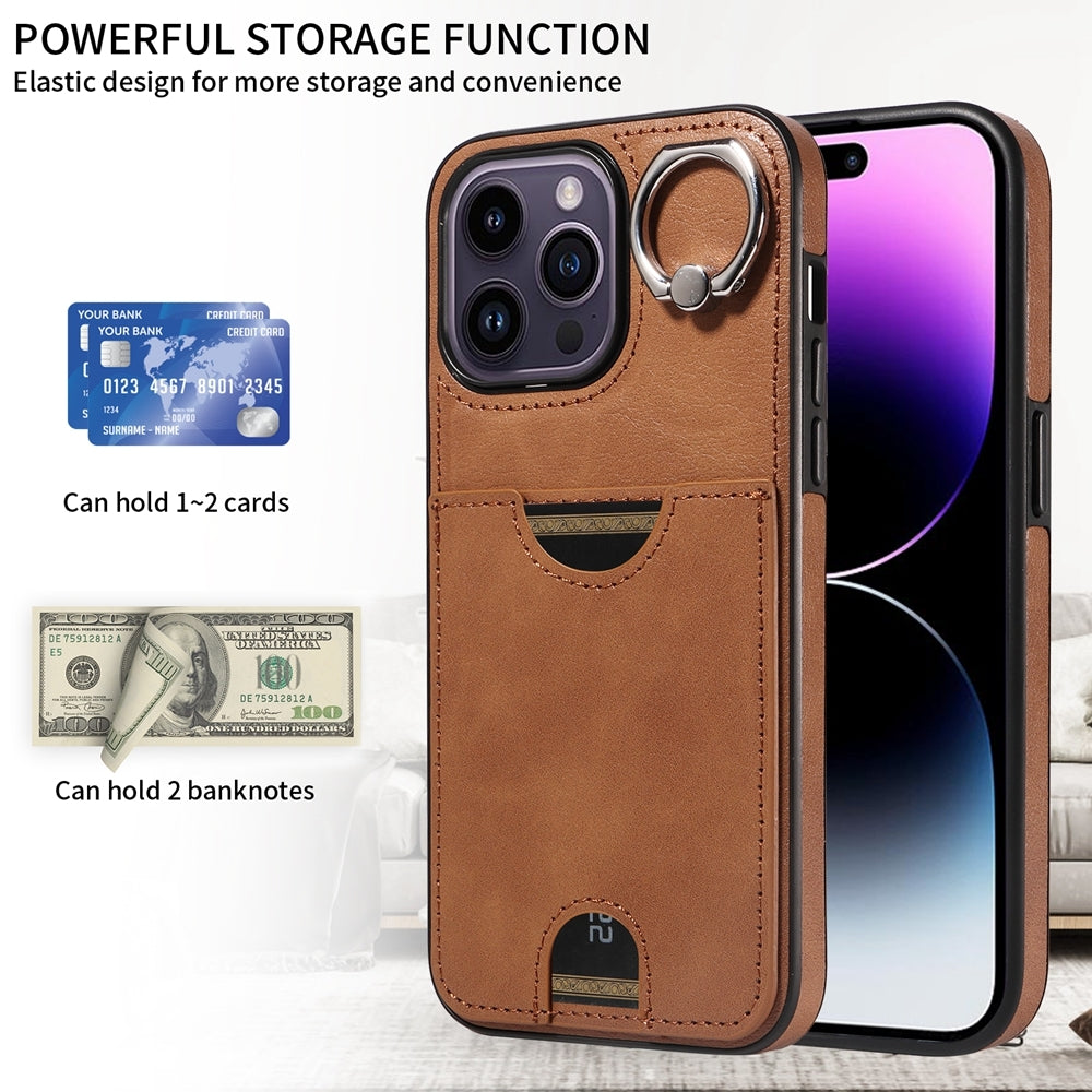 iPhone 14 Pro Calf Texture Phone Case with Card Slot & Ring Holder - Durable & Stylish Protection
