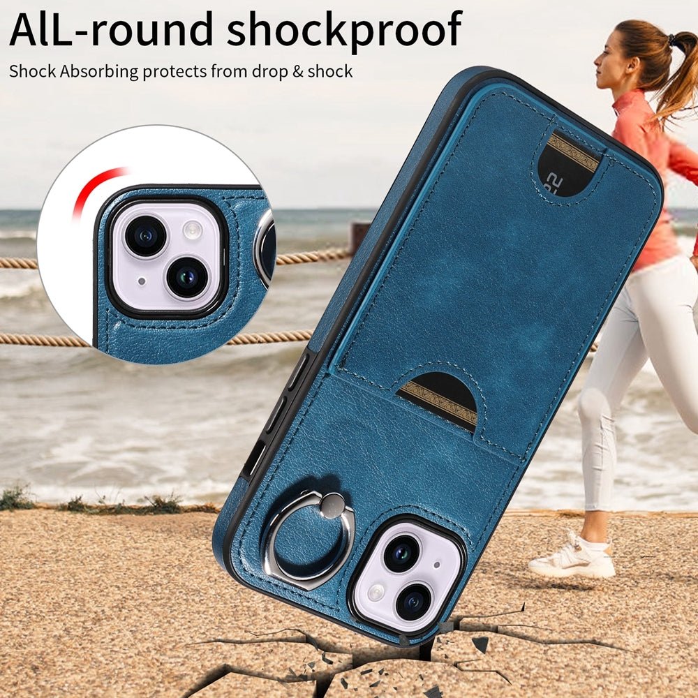 iPhone 14 Plus Calf Texture Phone Case with Card Slot & Ring Holder - Durable & Stylish Protection
