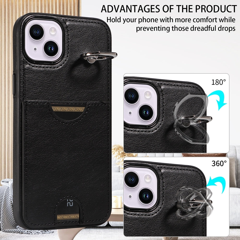 iPhone 14 Plus Calf Texture Phone Case with Card Slot & Ring Holder - Durable & Stylish Protection