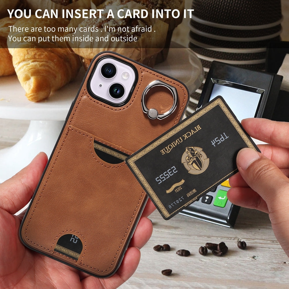 iPhone 14 Plus Calf Texture Phone Case with Card Slot & Ring Holder - Durable & Stylish Protection