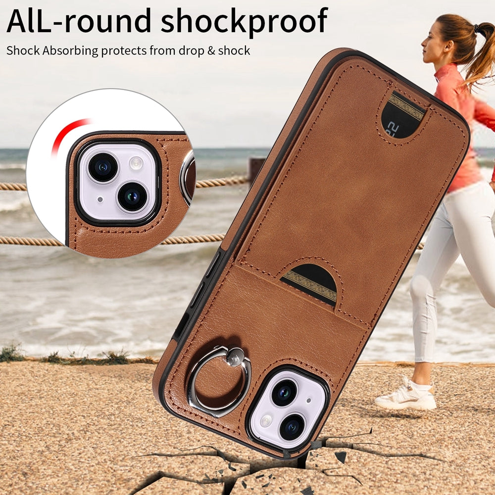 iPhone 14 Plus Calf Texture Phone Case with Card Slot & Ring Holder - Durable & Stylish Protection