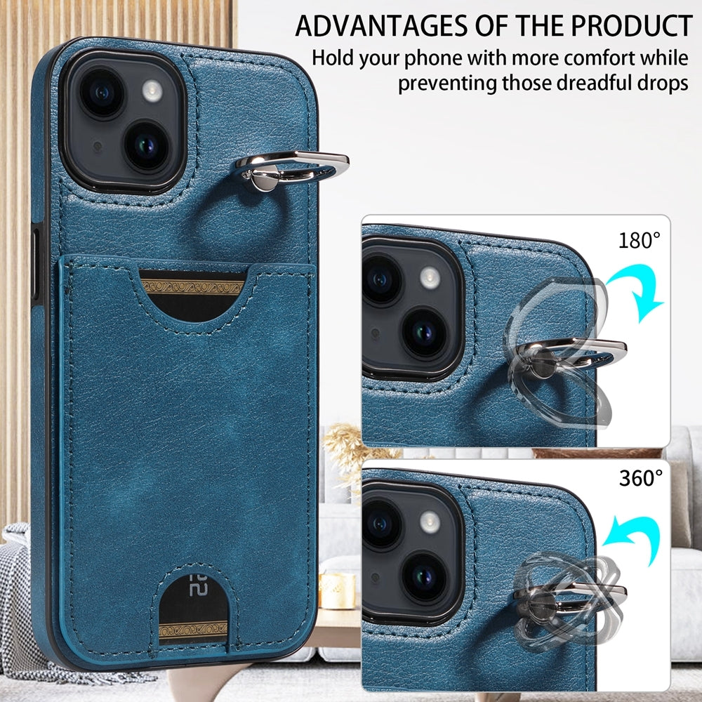iPhone 14 Calf Texture Phone Case with Card Slot & Ring Holder - Durable & Stylish Protection