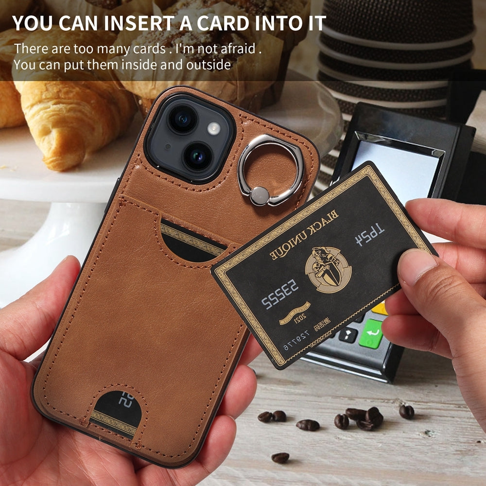 iPhone 14 Calf Texture Phone Case with Card Slot & Ring Holder - Durable & Stylish Protection
