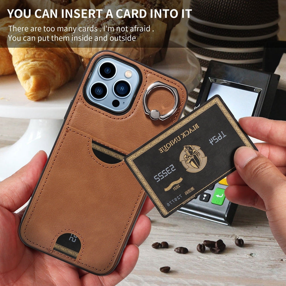 iPhone 13 Pro Max Calf Texture Phone Case with Card Slot & Ring Holder - Durable & Stylish Protection