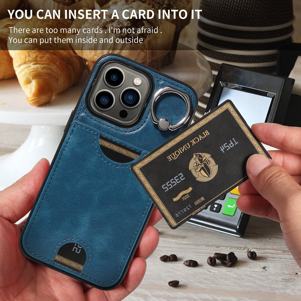 iPhone 13 Pro Calf Texture Phone Case with Card Slot & Ring Holder - Durable & Stylish Protection