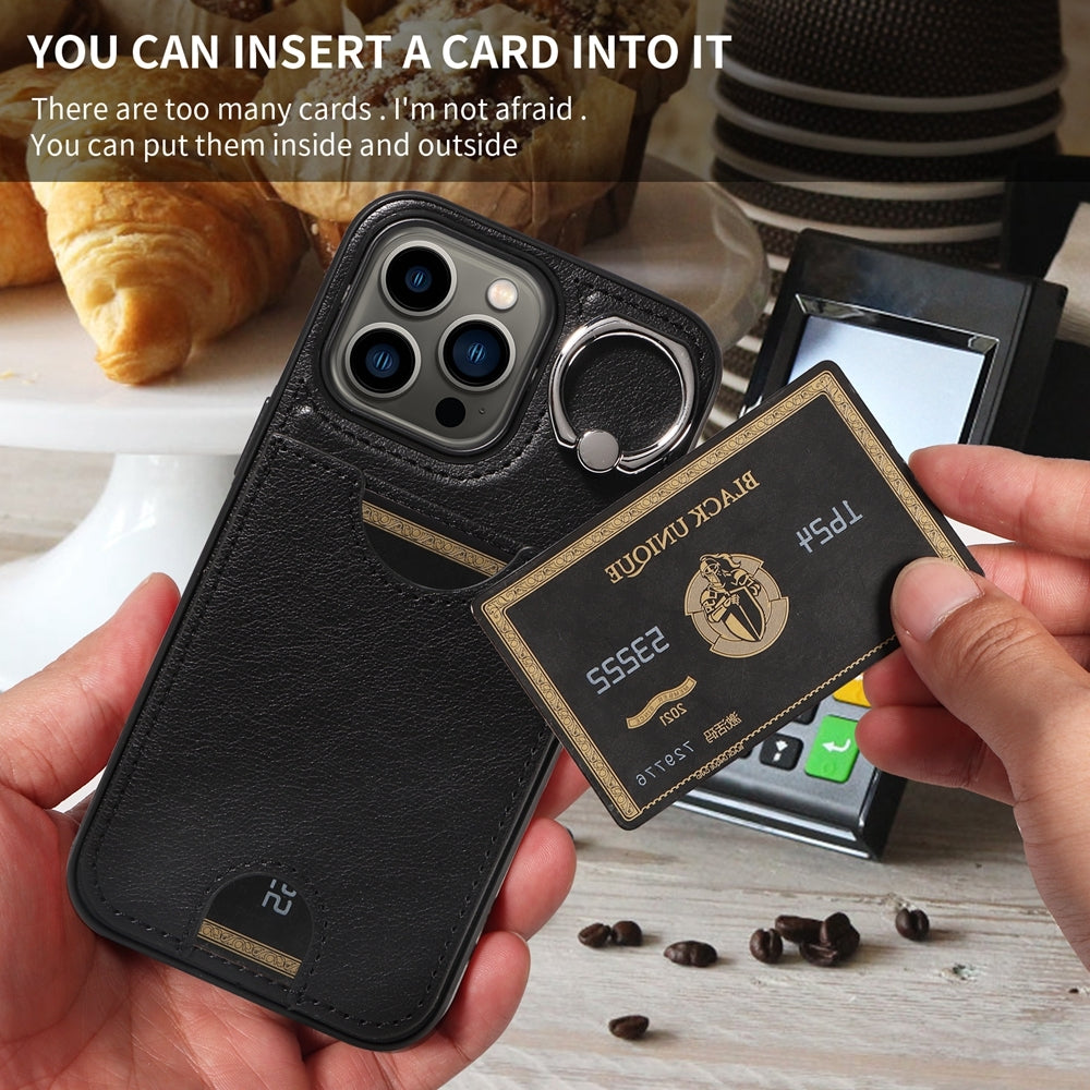 iPhone 13 Pro Calf Texture Phone Case with Card Slot & Ring Holder - Durable & Stylish Protection