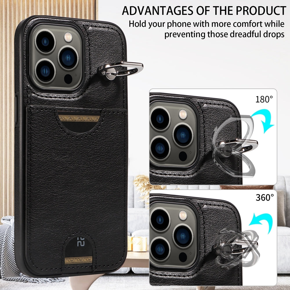 iPhone 13 Pro Calf Texture Phone Case with Card Slot & Ring Holder - Durable & Stylish Protection