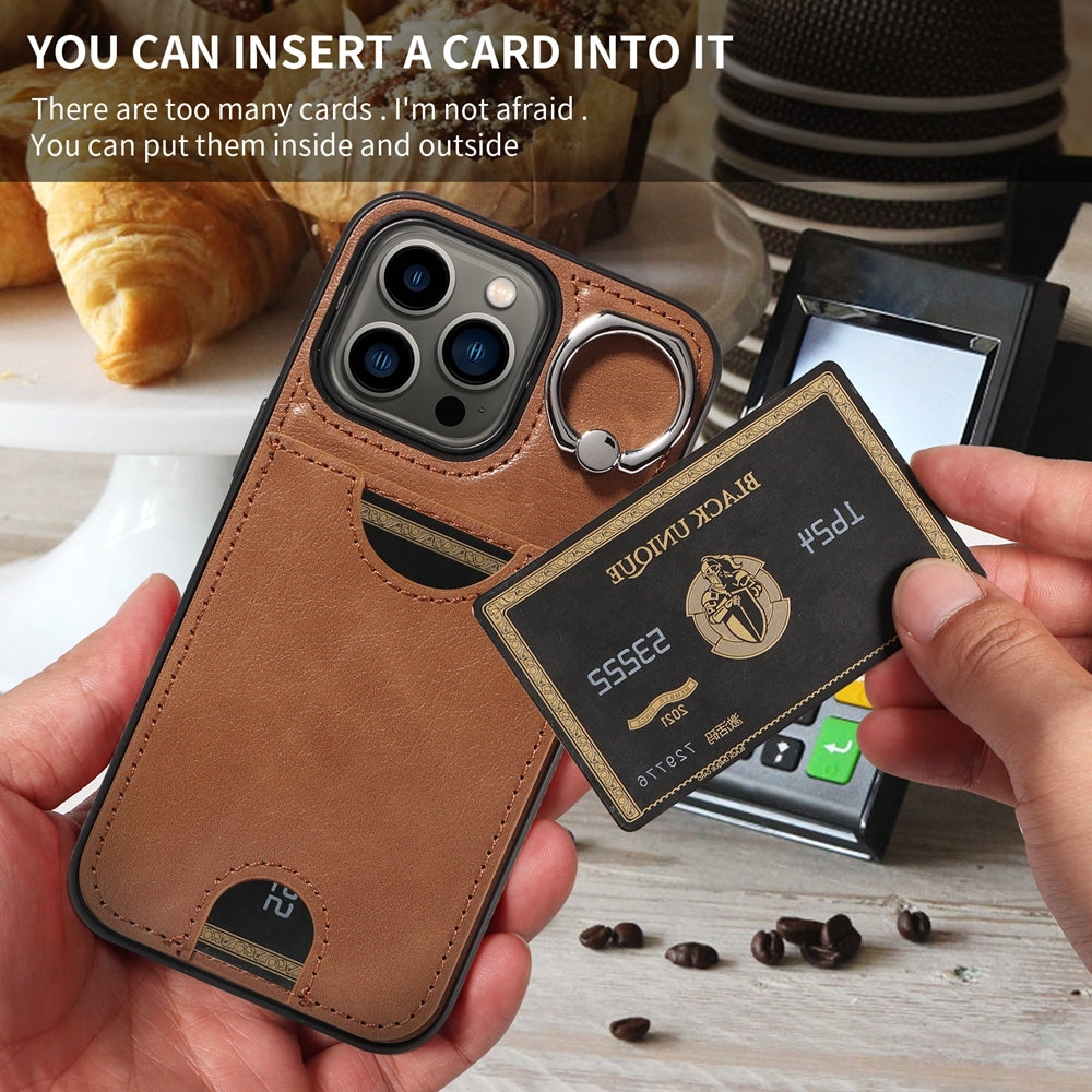 iPhone 13 Pro Calf Texture Phone Case with Card Slot & Ring Holder - Durable & Stylish Protection