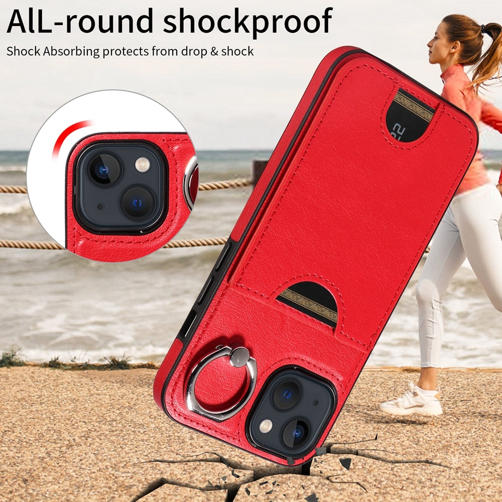 iPhone 13 Calf Texture Phone Case with Card Slot & Ring Holder - Durable & Stylish Protection
