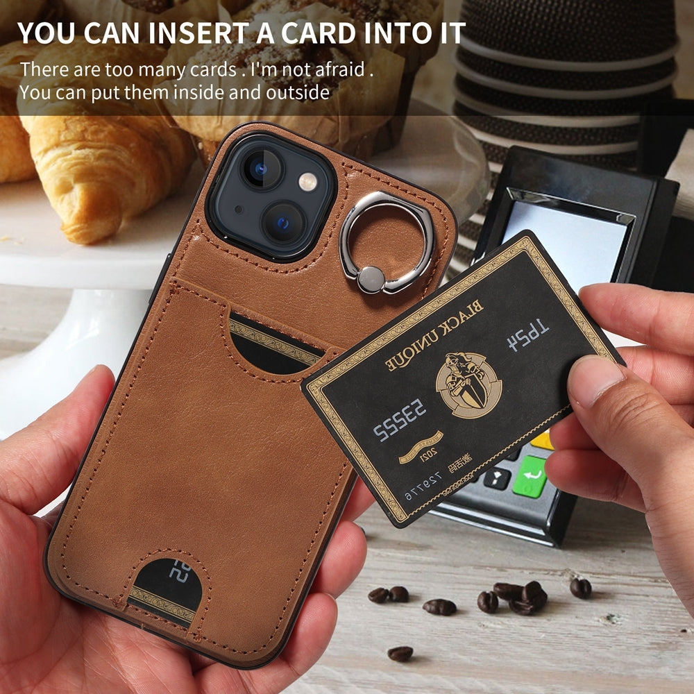 iPhone 13 Calf Texture Phone Case with Card Slot & Ring Holder - Durable & Stylish Protection