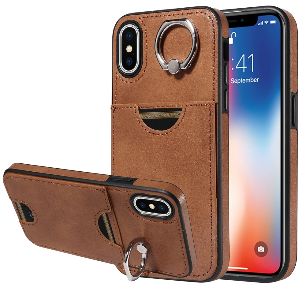 iPhone X/XS Calf Texture Phone Case with Card Slot & Ring Holder - Durable & Stylish Protection