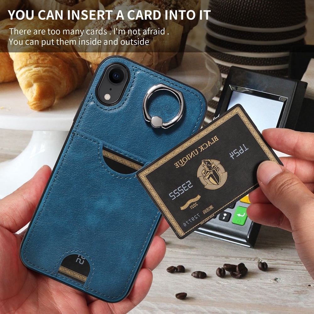 iPhone XR Calf Texture Phone Case with Card Slot & Ring Holder - Durable & Stylish Protection
