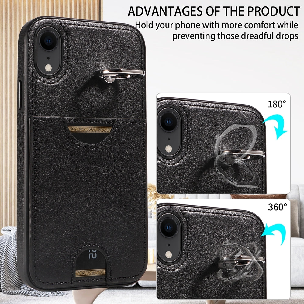 iPhone XR Calf Texture Phone Case with Card Slot & Ring Holder - Durable & Stylish Protection