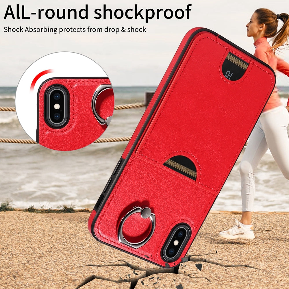 iPhone XS Max Calf Texture Phone Case with Card Slot & Ring Holder - Durable & Stylish Protection
