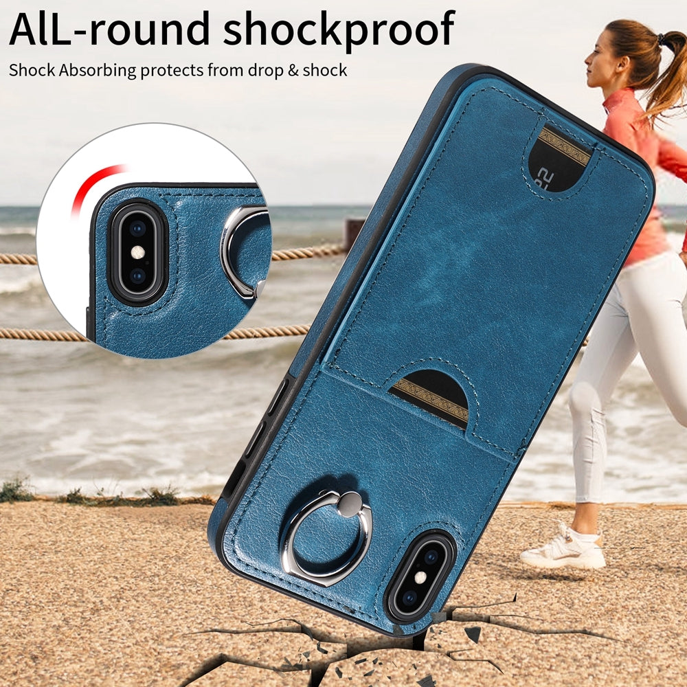 iPhone XS Max Calf Texture Phone Case with Card Slot & Ring Holder - Durable & Stylish Protection