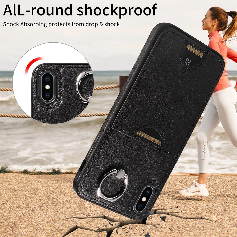 iPhone XS Max Calf Texture Phone Case with Card Slot & Ring Holder - Durable & Stylish Protection