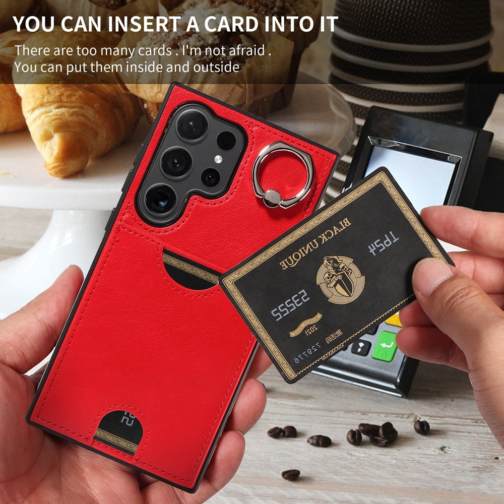 Samsung Galaxy S24 Ultra 5G Calf Texture Phone Case with Card Slot & Ring Holder - Durable & Stylish Protection