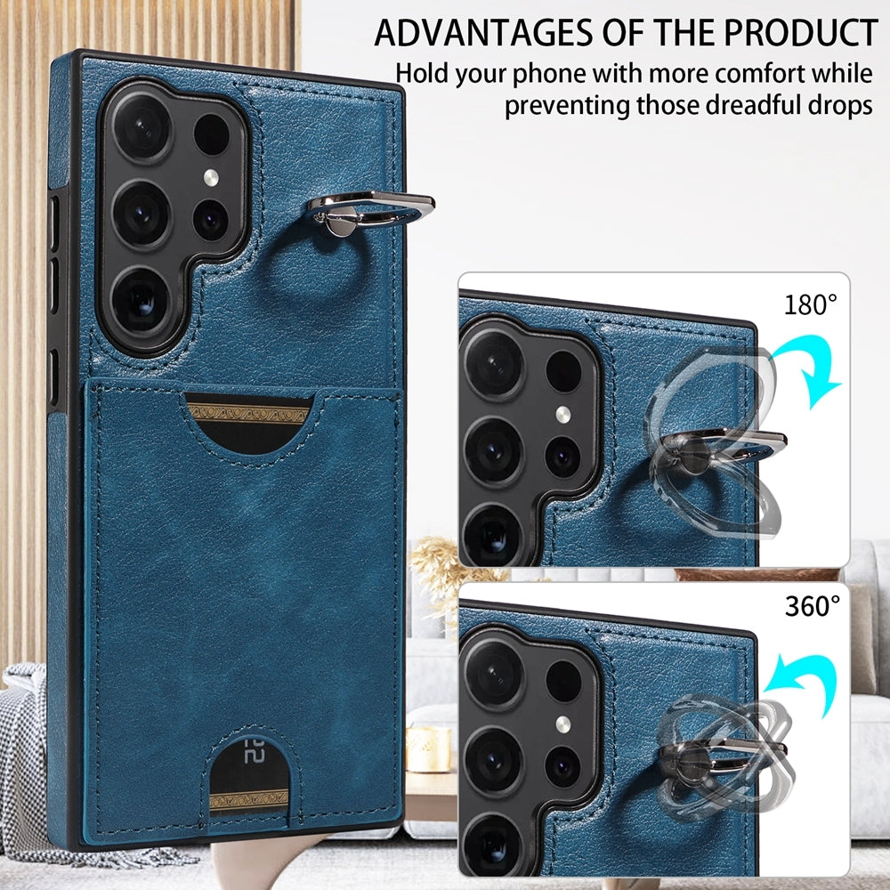 Samsung Galaxy S24 Ultra 5G Calf Texture Phone Case with Card Slot & Ring Holder - Durable & Stylish Protection