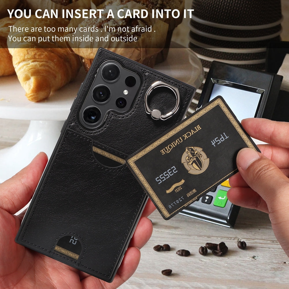 Samsung Galaxy S24 Ultra 5G Calf Texture Phone Case with Card Slot & Ring Holder - Durable & Stylish Protection