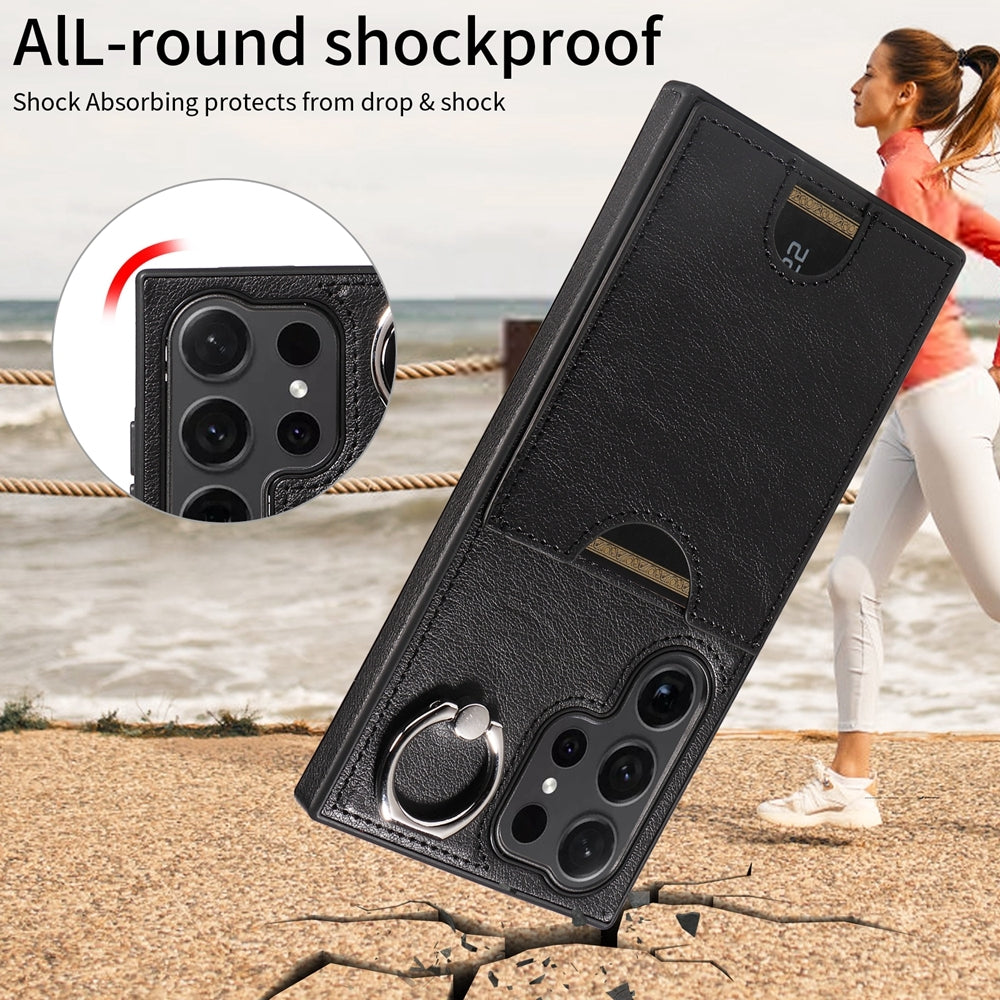 Samsung Galaxy S24 Ultra 5G Calf Texture Phone Case with Card Slot & Ring Holder - Durable & Stylish Protection