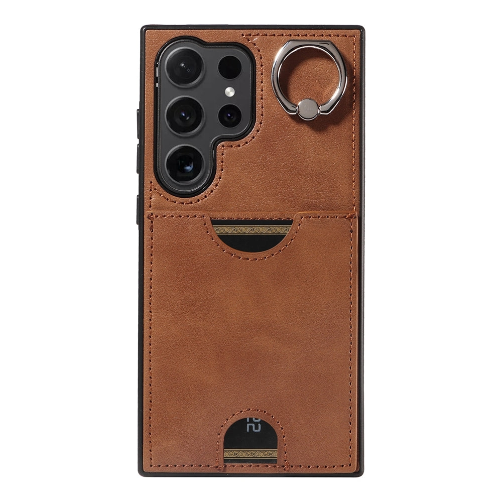 Samsung Galaxy S24 Ultra 5G Calf Texture Phone Case with Card Slot & Ring Holder - Durable & Stylish Protection