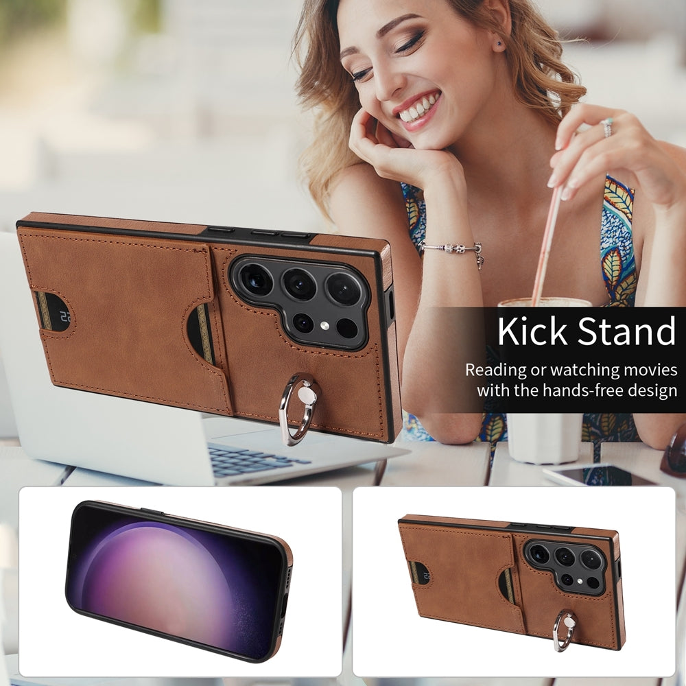 Samsung Galaxy S24 Ultra 5G Calf Texture Phone Case with Card Slot & Ring Holder - Durable & Stylish Protection