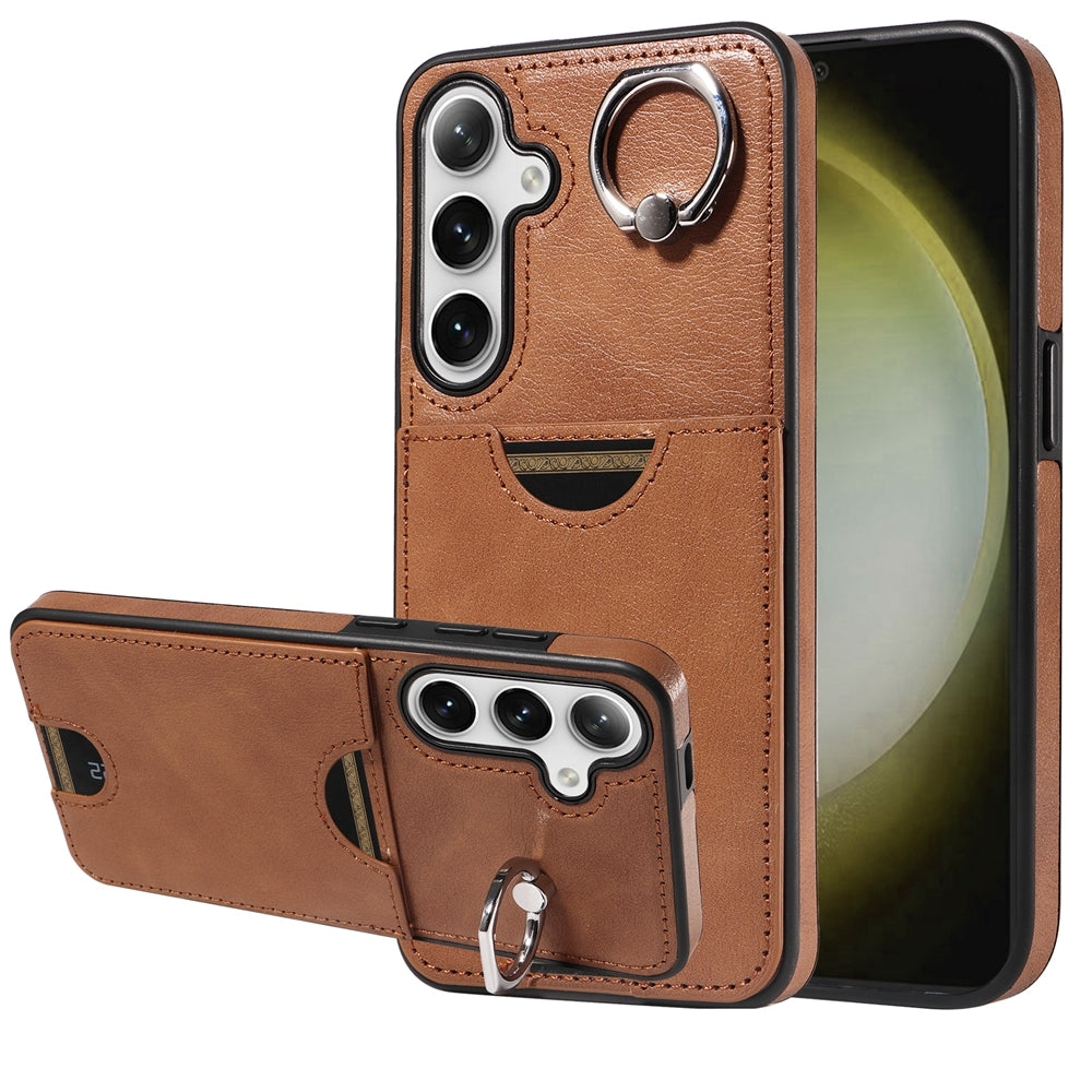 Samsung Galaxy S24+ 5G Calf Texture Phone Case with Card Slot & Ring Holder - Durable & Stylish Protection