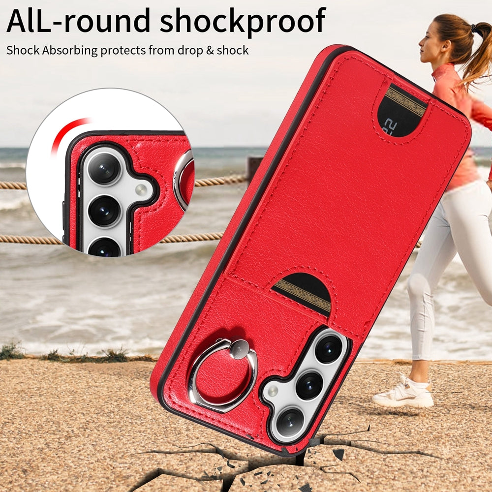 Samsung Galaxy S24 5G Calf Texture Phone Case with Card Slot & Ring Holder - Durable & Stylish Protection