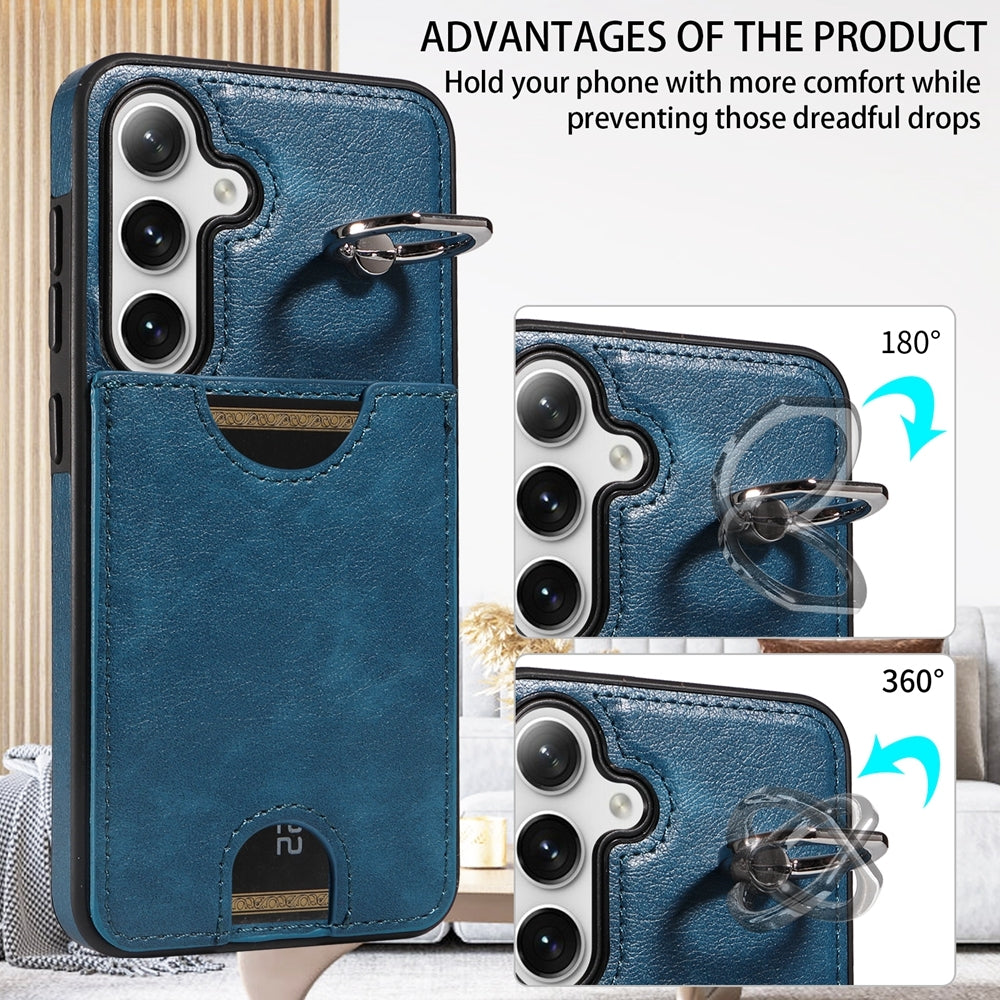 Samsung Galaxy S24 5G Calf Texture Phone Case with Card Slot & Ring Holder - Durable & Stylish Protection