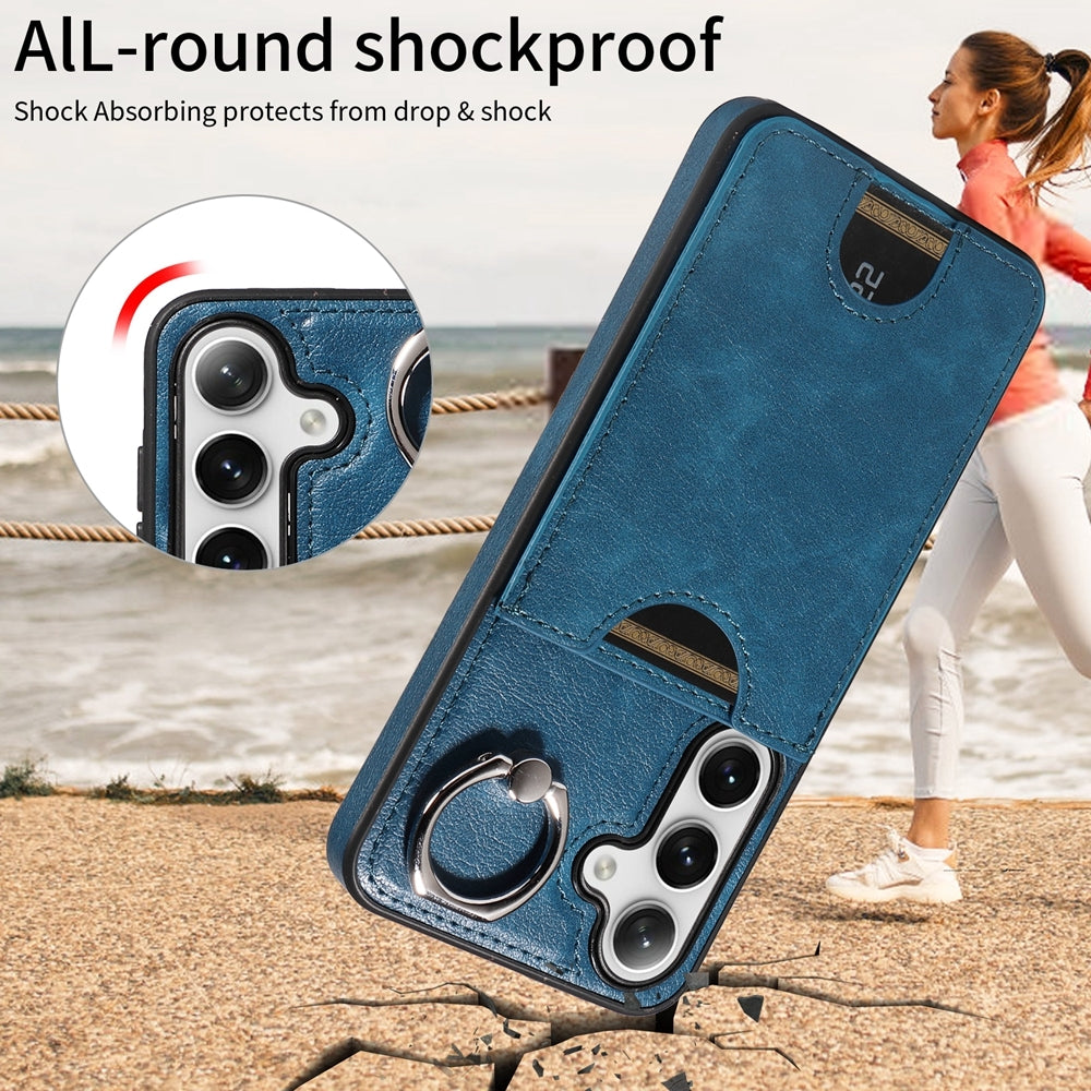 Samsung Galaxy S24 5G Calf Texture Phone Case with Card Slot & Ring Holder - Durable & Stylish Protection