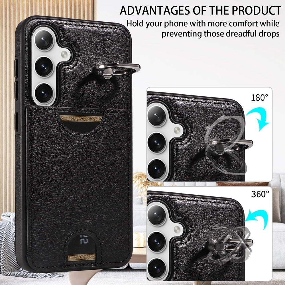 Samsung Galaxy S24 5G Calf Texture Phone Case with Card Slot & Ring Holder - Durable & Stylish Protection