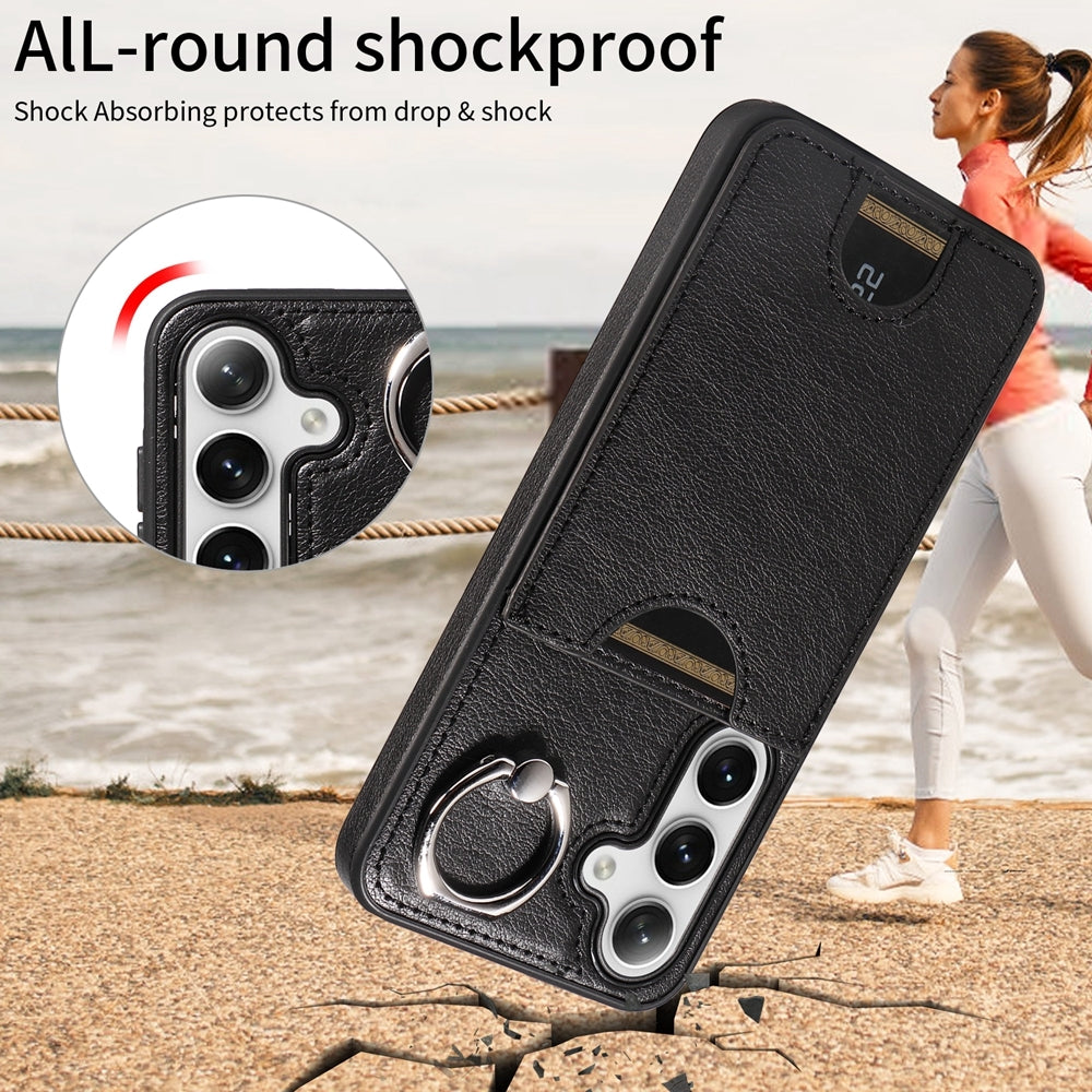 Samsung Galaxy S24 5G Calf Texture Phone Case with Card Slot & Ring Holder - Durable & Stylish Protection